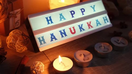 Vier Kerzen mit Adventskalender, Leuchtkasten mit Text HAPPY HANUKKAH Traditional Burning Christmas