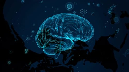 Futuristic Digital Brain Rotation with DNA and Molecules Background