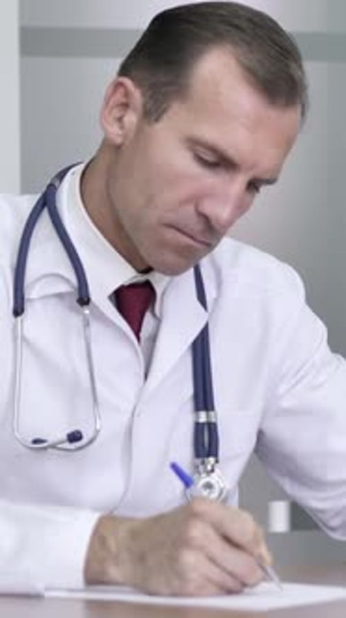 Médecin rédigeant un médicament pour un patient, paperasse, Vidéo verticale