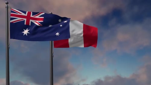 Waving Australian and French Flags Animation Against a Cloudy Sky