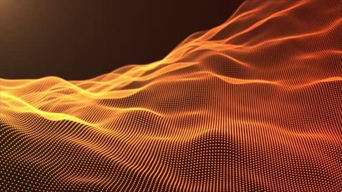 Abstract digital golden orange waves on dark background with golden sun rays. Digital sea.