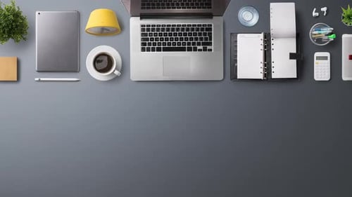 Flat Lay Top View Office Desk Working Space with Laptop and Office