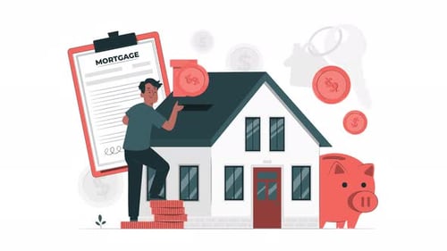 man paying off his mortgage, buying a house, investing money in a house animation 4k