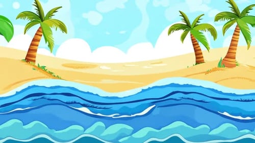 Animated Cartoon Beach Background with Ocean Waves