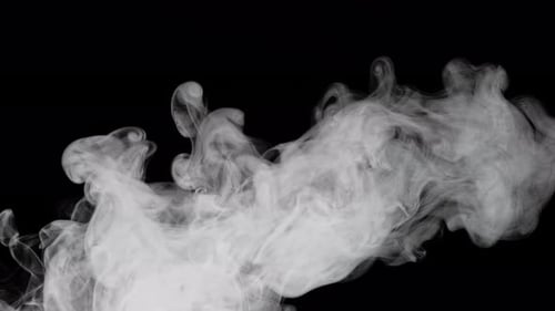 Weißer Dampfrauch fliegt über schwarzen Hintergrund, verdunsteter Smog, Zeitlupe