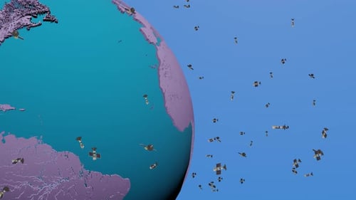 Planet Earth with many satellites around it. View from space.