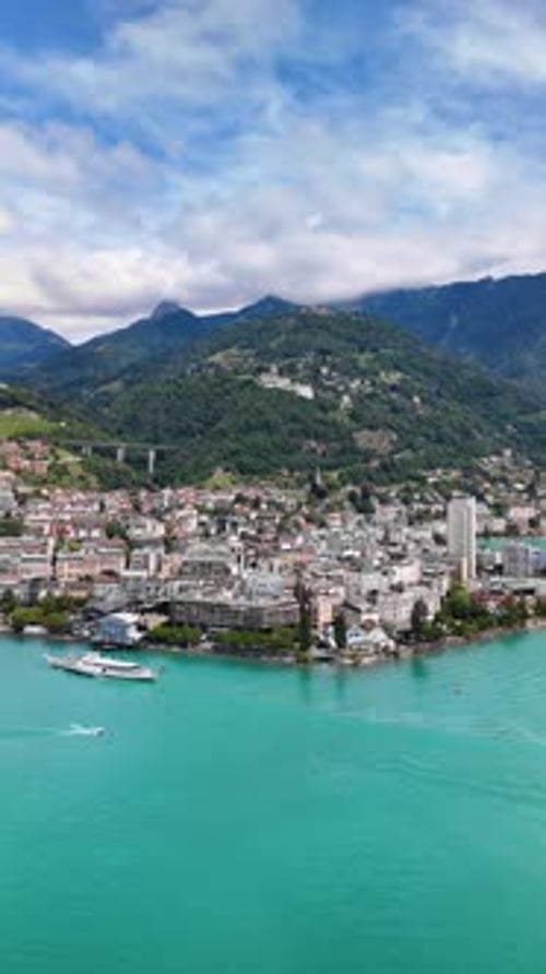 Lake Geneva traditional resort town Montreux Switzerland, aerial drone