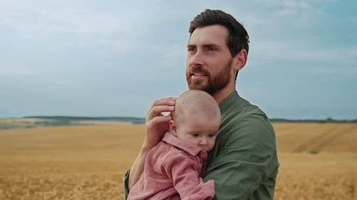 Baby Girl and Dad Travel on Field Happy Family Child and Father Walk Together on Plantation in