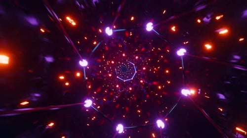 Futuristic Sci-Fi Tunnel Loop with Blue Neon Polygon and Orange Lights. 3D rendering