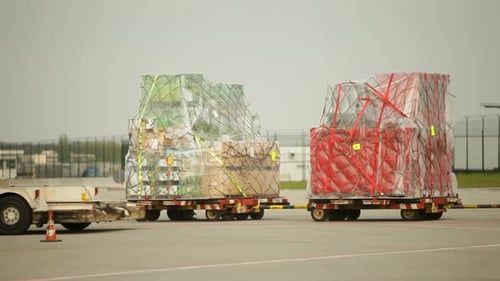 Cargo Dollies Loaded for Air Transport on Tarmac