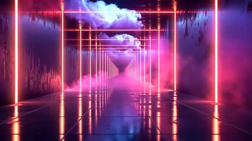 Neon tunnel with clouds of vapor. Dynamic, vibrant, and reflective