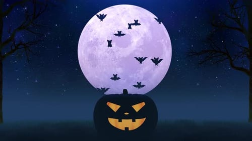 Halloween Night Animation with Full Moon, Flying Bats, and Jack-o'-lantern
