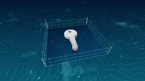 3D blue security Key logo and particles with circuit board and 3d abstract background concept