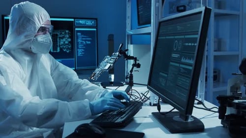 Microelectronics Engineer Works in a Modern Scientific Laboratory on Computing Systems and