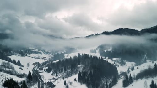 Aerial Misty Rural Country with Foggy Clouds in Forest Nature Winter