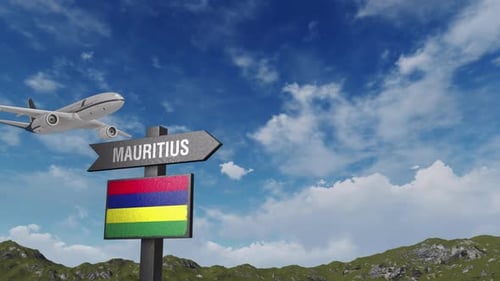 Mauritius Flag With Airplane And Arrow Sign
