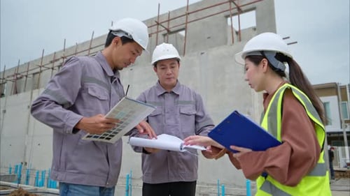 Un grupo de ingenieros y arquitectos inspecciona y supervisa la construcción de las paredes de los edificios