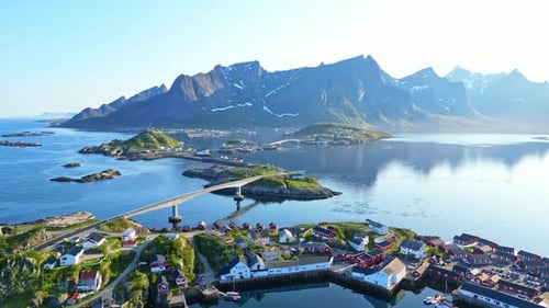 Aerial view of fishing village and fjord, Norway.