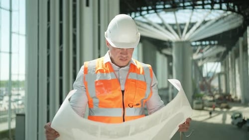 Construction Worker Indoors Engineer Man Architect Building Construction Site Drawing Blueprint