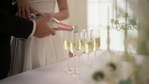 Noiva e noivo segurando taças de champanhe na cerimônia de casamento