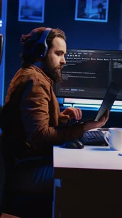 It Admin Using Multimonitor Desktop Setup and Notebook to Finish Tasks