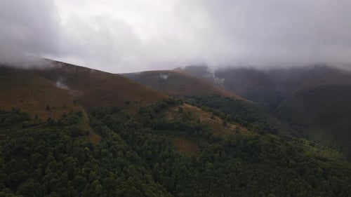 Aerial Footage Drone Flies Forwards Through the Low Clouds Over Carpathian Mountains in Early Autumn
