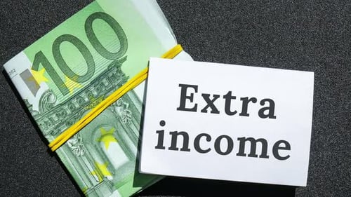 Aumente o zoom em euros, dinheiro, dinheiro e nota em papel com texto escrito EXTRA RENDA