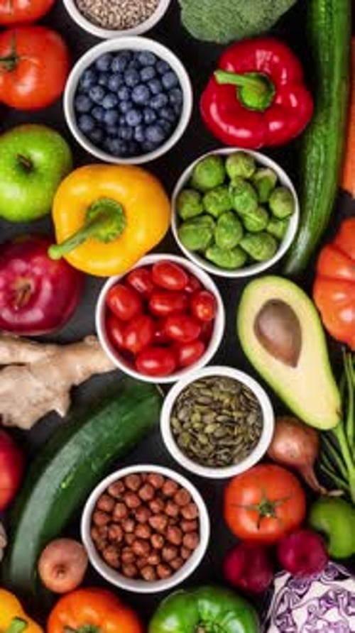 Colorful Food Display of Fresh Vegetables and Fruits