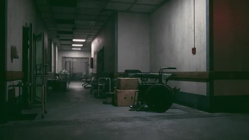 Abandoned Hospital Corridor with Old Wheelchair and Medical Equipment at Dusk