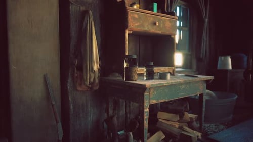 Rustic Interior Cabin Scene with Wooden Furniture