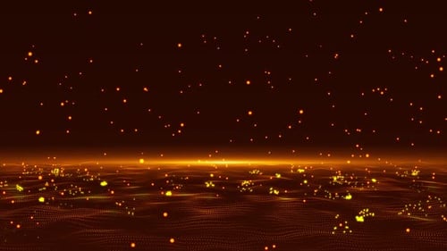 Golden Particles Grid Floor with Stars and Dust on Black Background – Futuristic Abstract Space
