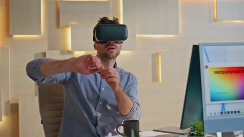 Developer Testing Virtual Reality Simulator Wearing Glasses at Workplace Closeup