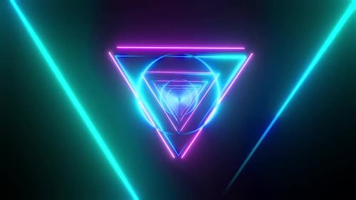 Dynamic neon tunnel with vibrant glowing shapes and dark background
