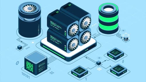 Isometric blockchain animation. Isometric cryptocurrency. Platform creation of digital currency
