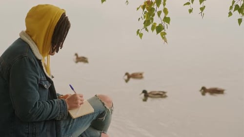 Young Creative Man with Dreadlocks Drawing Writing in Notebook Sitting on Stumps Near Lake in