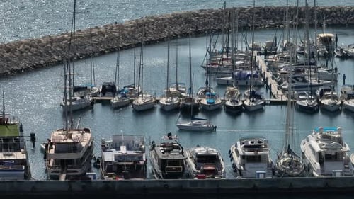 Aerial View of the Marina in the Sea with Moored Boats and Yachts