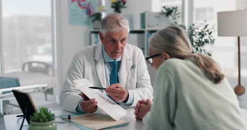 Doctor, mature man and woman with contract for medical aid, life insurance or application in clinic