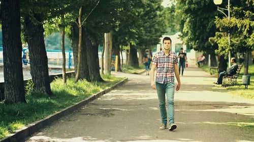 Walking in Park Man Exercising Outdoors in Forest