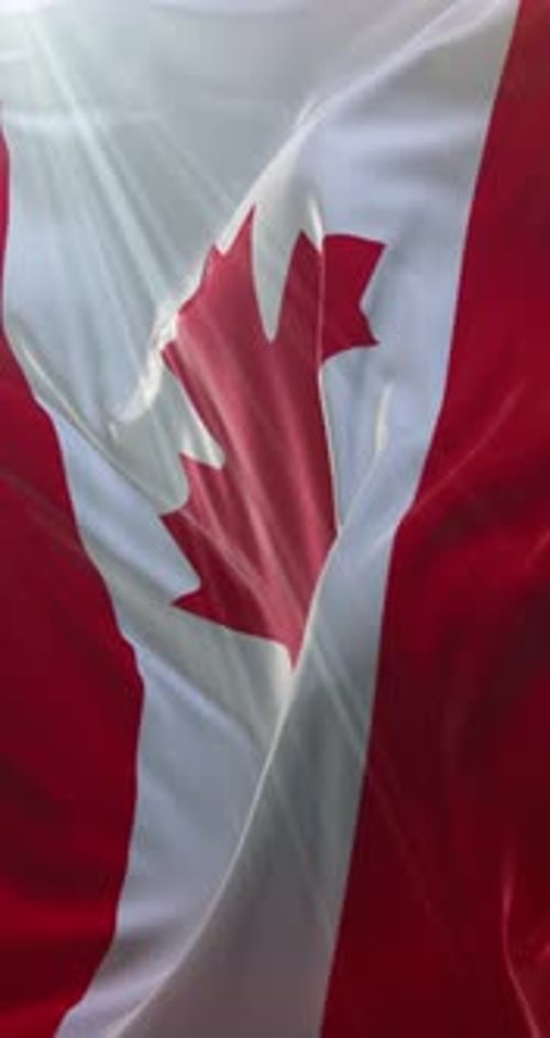Waving Canadian Flag in Vertical Format with Sun Rays