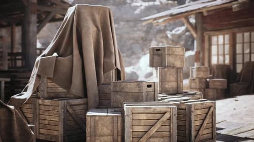Wooden Crates Covered with Fabric in a Rustic Storage Area During Daylight