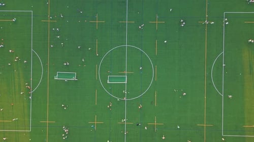 Top View Green Stadium Under Evening Sunlight Drone Shot Beautiful Soccer Field