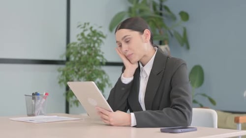 Woman Uses Tablet for Video Call at Desk