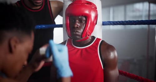 Fight, boxing and man with coach in corner for challenge, competition and sports tournament in ring