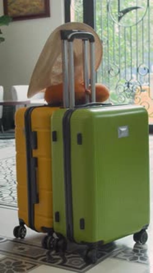 Green and Yellow Suitcases in Hotel Hall, Vertical