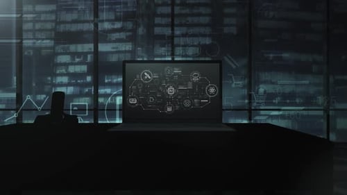 Map of Artificial Intelligence Visuals on a Laptop Screen in a Dark Office