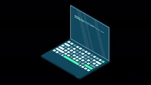 Isometrische Laptop-Animation. Isometrischer 3D-Laptop-Computer. Abstrakte Programmiersprache und Programm