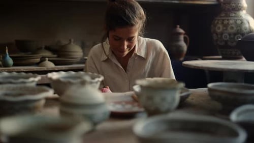 Female Potter Carefully Crafting Pottery in Workshop