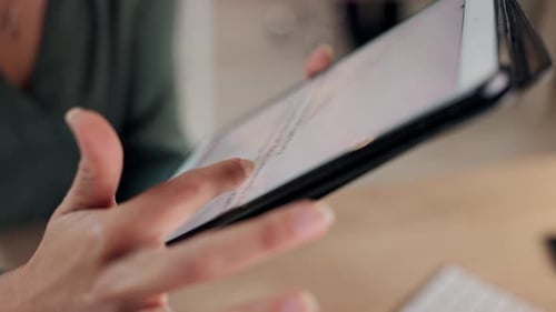 Website, tablet and hands of business person scroll in office for research