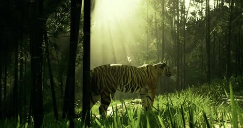 Majestic Tiger Standing in a Sunlit Bamboo Forest During the Day