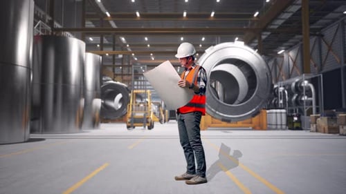 Side View Of Asian Male Engineer Looking At Blueprint In His Hands at Heavy Factory